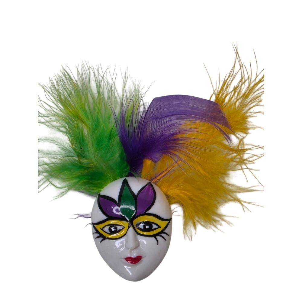 Vintage Mardi Gras Mask Brooch Pin White Face Mask w/ Feathers 1.25"
